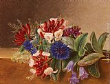 A Still Life with Honeysuckle, Blue Cornflowers and Bluebells on a Marble Ledge by Johan Laurentz Jensen